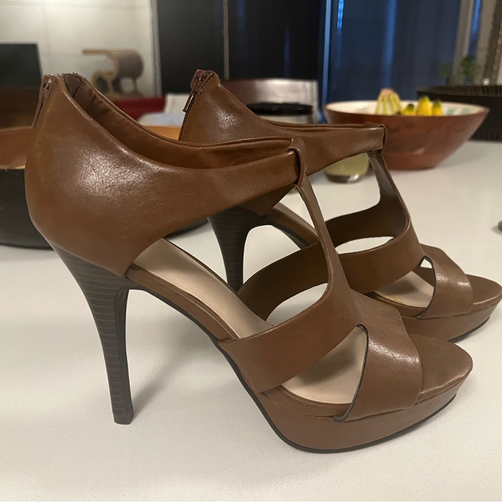Fergalicious brown vegan leather 4.5” platform heels